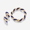 A lapis lazuli, cultured pearl, and eighteen karat gold bracelet with similar ear clips