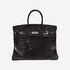 A shiny black Crocodile Porosus palladium hardware Birkin 35, Hermès 2013