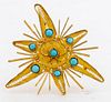 18K Yellow Gold Persian Filigree Turquoise Brooch