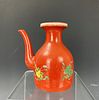 An Iron Red Ground Famille Rose Porcelain Pot
