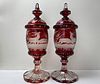 A Pair of 19th C ENGRAVED BOHEMIAN RUBY GLASS GOBLET