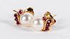 Pair of 14K gold, pearl, & colored stone earrings