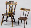 Two painted plank seat doll chairs, early 20th c.