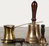 Brass school bell, 19th c., 9'' h., together with a small hand bell, a copper dipper