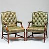 Pair of George III Style Mahogany and Green Tufted Leather Armchairs