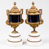Pair of Continental Gilt-Metal-Mounted Blue Enamel and Marble Cassoulets