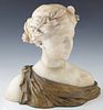 Continental Caved Alabaster and Gilt Spelter Bust, c. 1900, of a classical woman wearing a wreath of leaves, H.- 13 1/2 in., W.- 13 1/2 in., D.- 8 in.