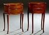 Two Inlaid Mahogany Louis XV Style Bowfront Night Stands, 20th/21st c., each with a bank of two drawers, on cabriole legs, Taller- H.- 32 in., W.- 19 