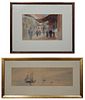 California School, "Sailboats and Seagulls," and "View of Chinatown," 20th c., pair of watercolors on paper, unsigned, each presented in gilt frames, 