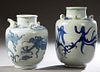 Two Chinese Porcelain Baluster Oil Jars, each with four applied ring handles and a spout, with blue dragon decoration., Largest- H.- 14 1/2 in., Dia.-