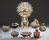 Group of Eight Pieces of Pre-Columbian Style Pottery, 20th c., consisting of three bowls; three pitchers; a compote on three legs and a large figure o