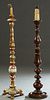 Two French Spanish Style Carved Beech Floor Lamps, 20th c., one with gilt and polychromed decoration on knopped supports, to a base on gilt tripodal p