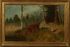 A.P. IPD, "Dog Hunting Scene," 20th c., oil on canvas, initialed lower right, presented in a gilt frame, H.- 13 3/8 in., W.- 12 1/2 in., Framed H.- 17