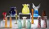 Group of Fourteen Pieces of Art Glass, 20th c., consisting of a pair of pink vases; a pair of blue vases; a pair of square orange vases; a blue florif