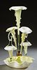 Fine Victorian Blown Cased Pale Yellow Glass Epergne, 19th c., with a central glass floriform trumpet vase, flanked by two angled floriform vases and 