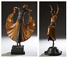 Two Erte Style Patinated Bronze Dancers, 20th c., on a circular figured black marble plinth, Full Skirt- H.- 20 1/2 in., W.- 12 in., D.- 5 1/2 in., Se