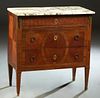 French Louis XVI Style Ormolu Mounted Inlaid Mahogany Marble Top Commode, early 20th c., the highly figured white and brown marble over frieze drawer 