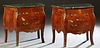 Pair of Louis XV Ormolu Mounted Style Inlaid Mahogany Bombe Marble Top Commodes, 20th c., the verde antico green marbles over two deep bowed drawers, 