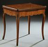 French Inlaid Mahogany Ormolu Mounted Games Table, 19th c., the bronze bound marquetry inlaid top opening to a baize lined gaming surface, over one si