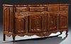 French Louis XV Style Carved Walnut Bombe Sideboard, 20th c. the parquetry inlaid stepped edge top above double cupboard doors with long iron escutche