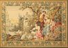 French Wool Tapestry, 20th c., with a wide border of roses around a garden scene of figures and sheep around a fountain, on a pine frame backing, H.- 