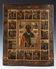 Russian school, of the Old Believers, XVIII century. 
"St. Nicholas Miraculous and his life in 16 hagiographic cells". 
Tempera, gold leaf on carved w