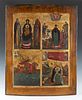 Russian school, workshops of the Old Believers, probably Mstera school, XVIII-XIX centuries. XVIII-XIX. 
Four sacred scenes. The Mother of God, The Vi