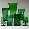 Group of Seven Green Empoli Glass Vases