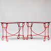 Pair of Modern Red Painted Oak and Metal Side Tables