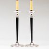 Pair of Leather and Silver Metal Candlestick Lamps, in the Manner of Andre Arbus
