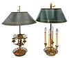 Two Brass Boulette Table Lamps, one having four-way lighting with tole adjustable shade; the other with two-way lighting and adjustable tole shade.