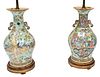 Pair of Chinese Rose Medallion Vases, to include a celadon glazed having painted courtyard scene with figures, butterflies, birds and wildflowers, mad
