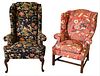 Pair of Chairs, to include Baker chippendale style upholstered wing chair, height 45 inches, width 33 inches, very clean condition; along with a Queen