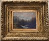 Landscape with River and Watermill, oil on board in Victorian gilt frame, unsigned, 8 1/2 x 12 inches.