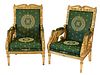 Pair of Gilt Throne Style Armchairs, having gilt swan arm supports, height 44 1/2 inches, width 27 1/2 inches.