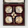 Cased Set of Four Gold-washed Sterling Silver Shell-form Salts and Spoons