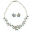 18K Gold Diamond Turquoise Sapphire Necklace Earrings Set