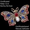 CERTIFICATED NATURAL SALTWATER PEARL, RUBY SAPPHIRE AND DIAMOND BUTTERFLY BROOCH