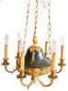 French Empire Gilt Bronze Chandelier, having green painted metal body with gilt bronze mounts; along with six bronze arms, electrified, height 15 inch