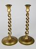 Pair of Vintage Brass Twisted Column Candlesticks on Round Dish Base