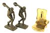PAIR OF DISCOBOLUS SCULTURES AND BRASS BOOKENDS