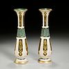 Pair Bohemian cut white cased emerald glass vases