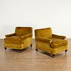 Pair custom velvet upholstered lounge chairs