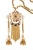A gold, diamond and sapphire pendant necklace