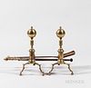 Pair of Brass and Iron Belted Ball-top Andirons and Matching Tools