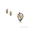 Antique 18kt Gold, Enamel, Diamond, and Pearl Brooch and Earrings