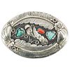 Sterling Belt Buckle With Turquoise And Coral Insets