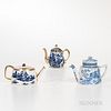 Three Blue Transfer and Gilt Teapots