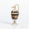 Wedgwood Agate Oenochoe Ewer, England, c. 1785, traces of gilding to white terra-cotta spout, snake handle and foliate borders, set atop a stepped oct