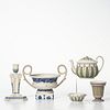 Five Wedgwood Stoneware Items, England, 19th century, two white ground with blue relief, an Egyptian candlestick, ht. 6 7/8; potpourri with scrolled h